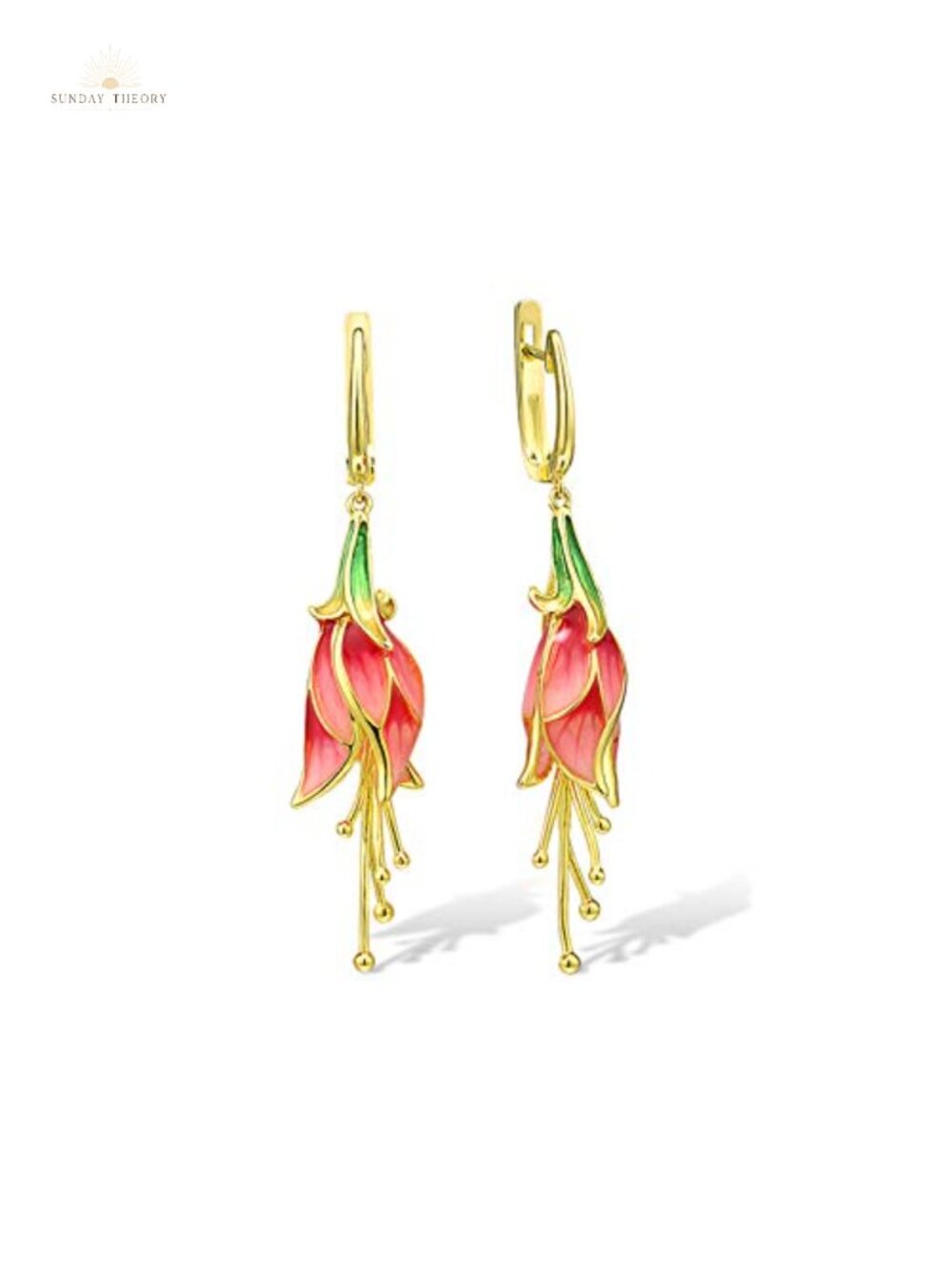 Handmade Enamel Tulip Dangle Earrings 925 Sterling Silver Gold Plated Floral